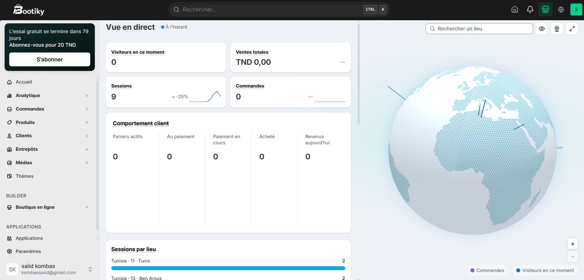 Tableau de bord Bootiky — vue en direct avec analytiques, commandes et comportement client